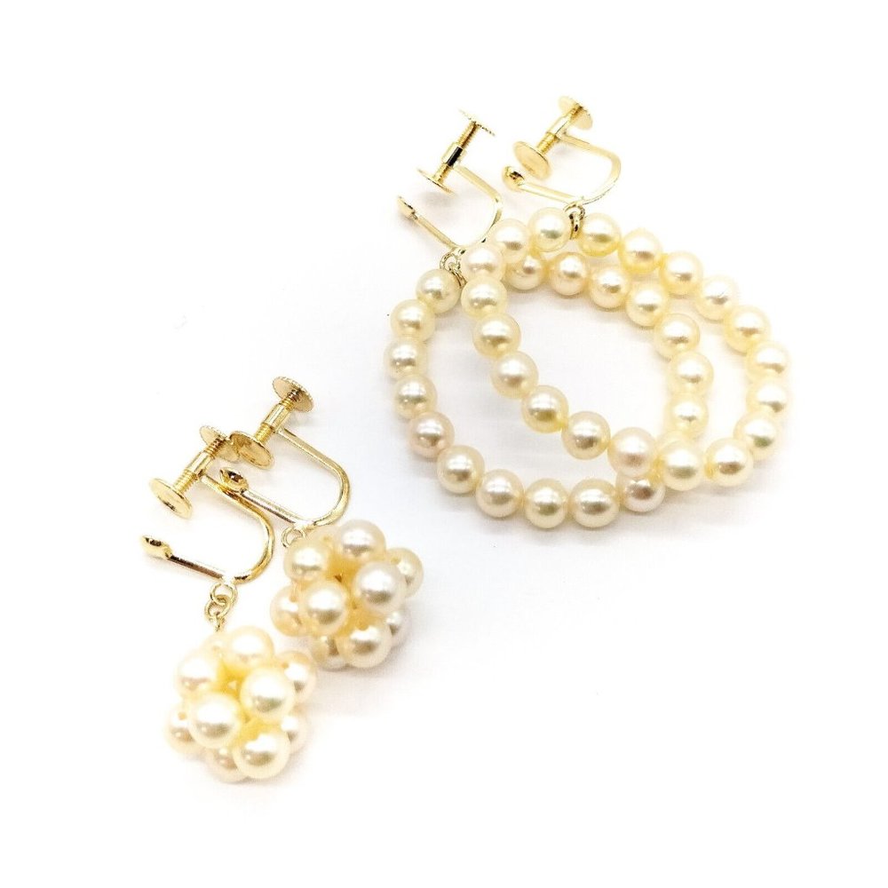 100% Authentic Jewelry Earring 2 set Pearl Yellow Gold - Picture 1 of 9